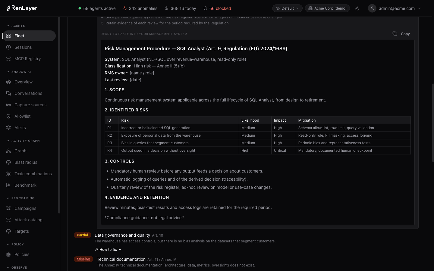 Correction plan: per obligation, a procedure ready to copy and paste into your management system.