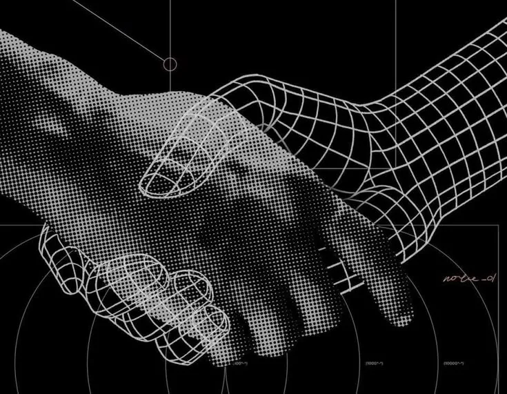 A handshake between a human hand and a computer-modelled hand, symbolising collaboration and governance between people and artificial intelligence