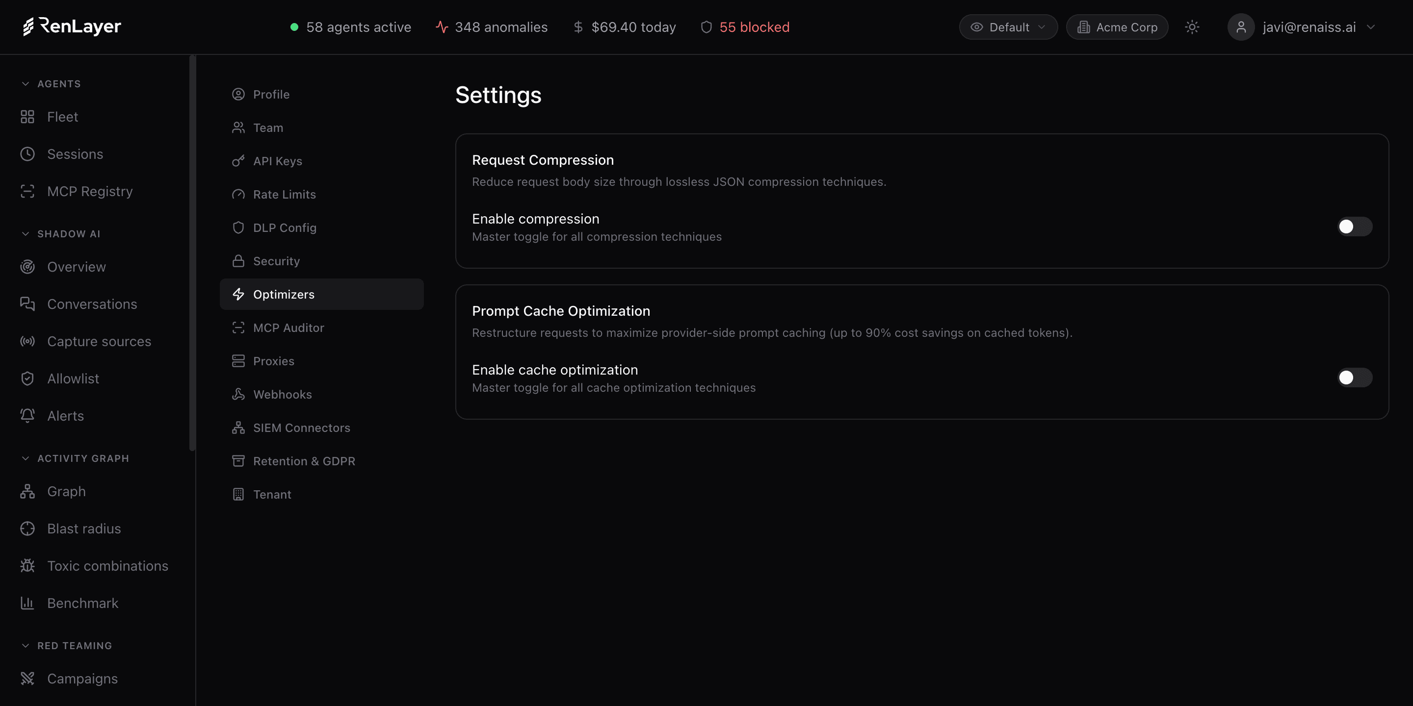 RenLayer Optimizers settings: request compression and prompt cache optimization