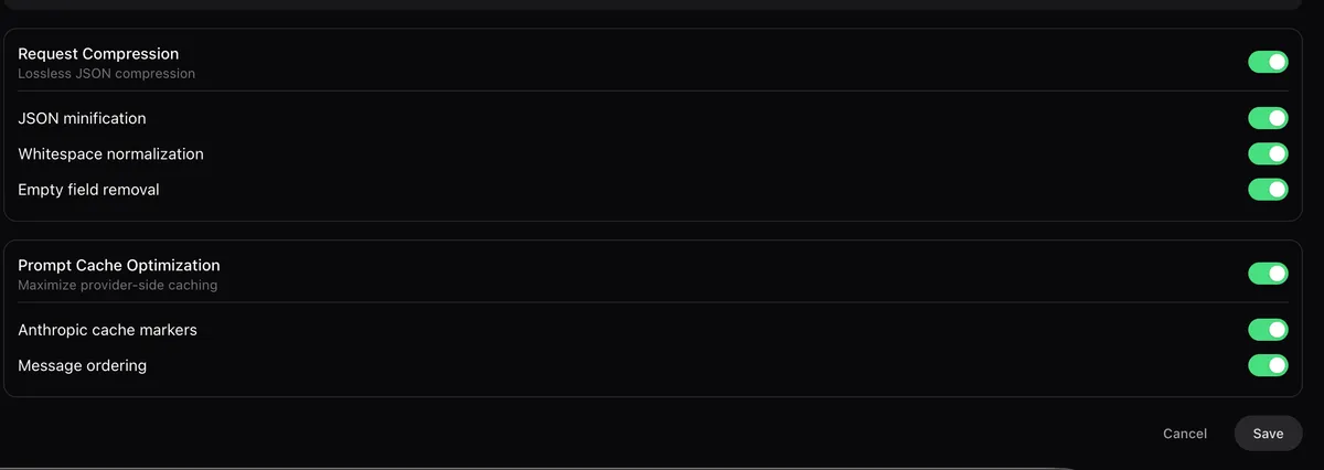 Configuración del producto RenLayer mostrando los toggles de Compresión de Peticiones y Optimización de Caché de Prompts